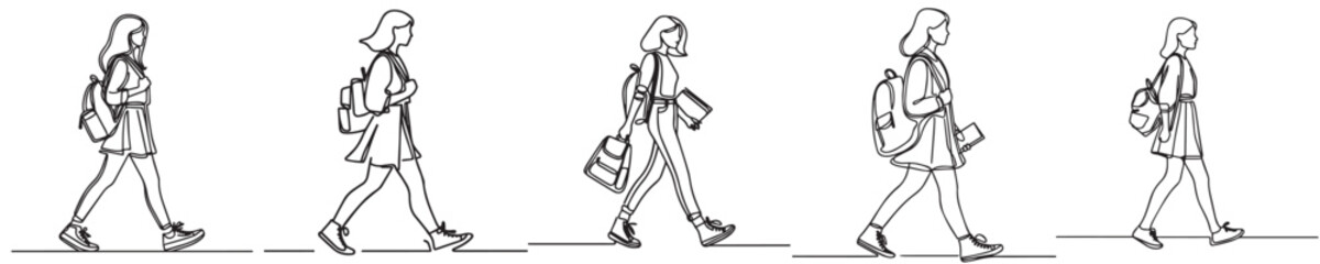 set continuous line students are walking