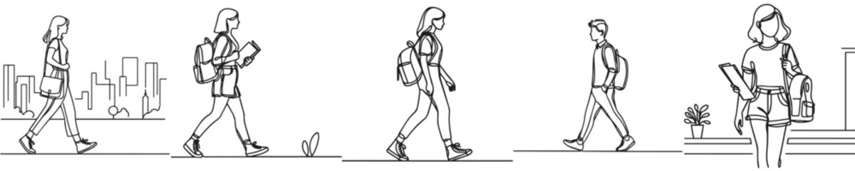 set continuous line students are walking