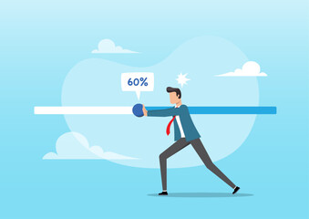 A businessman trying hard to push the working progress bar to finish by the deadline
