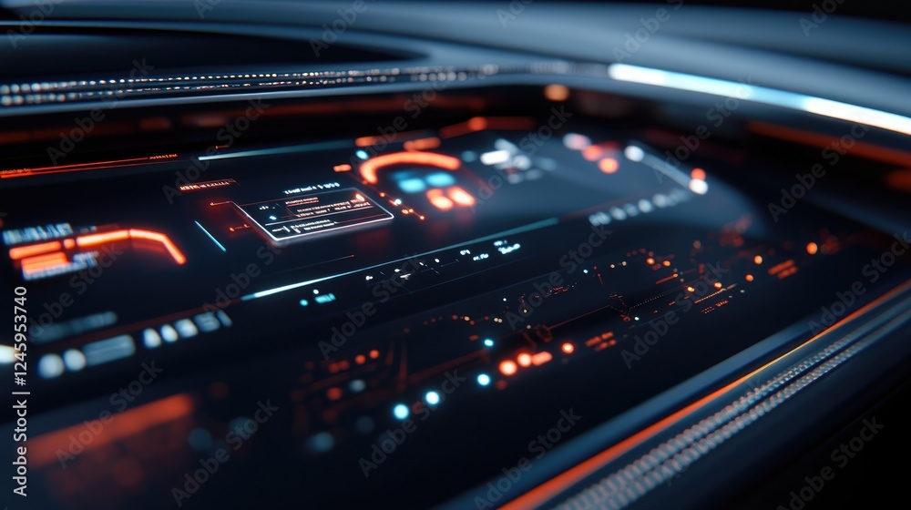 Poster The interface of an autonomous vehicle with 5G signals visible on data screens, reflecting advanced technology and seamless connectivity for the future of transport.