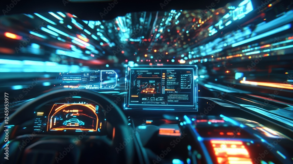 Aufkleber The interface of an autonomous vehicle with 5G signals visible on data screens, reflecting advanced technology and seamless connectivity for the future of transport.