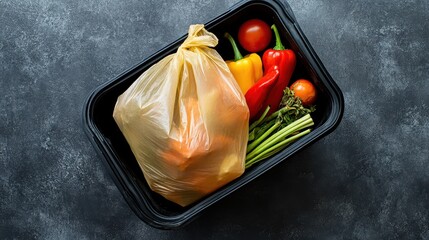 Fresh Vegetables and Groceries in a Plastic Bag on Dark Surface