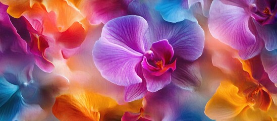 Plakat Vibrant closeup of colorful orchid flowers creating an artistic floral pattern for a stunning wallpaper design.