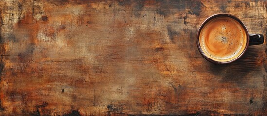 Espresso coffee cup on rustic wooden surface with vintage tones perfect for cozy ambiance and coffee-related themes