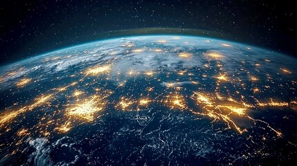 Obraz premium Earth at Night: A Stunning View of Our Planet from Space. Witness the mesmerizing glow of city lights against the backdrop of a starlit sky. A breathtaking cosmic perspective.