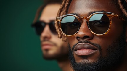 Diverse friendship of young men wearing sunglasses with green background showcasing unity and style suitable for copy space and branding purposes