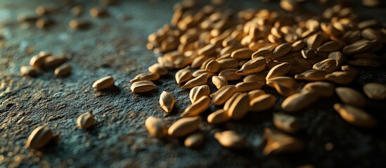 Obraz premium Closeup of scattered dry sunflower seeds on a textured surface highlighting natural tones and intricate details of the seeds.