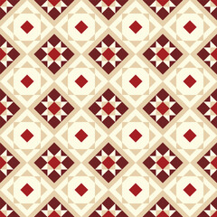 seamless geometric pattern featuring a repeating design of interlocking shapes in a warm and inviting color palette of cream, red, and brown