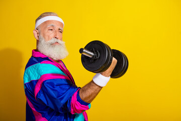 Photo portrait banner of sportive handsome old man lift look dumbbell dressed stylish retro...