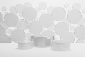 White abstract stage mockup set of three transparent plastic glossy round podiums, flying circles decor. Template 3D illustration modern scene for presentation cosmetic products, goods, advertising.