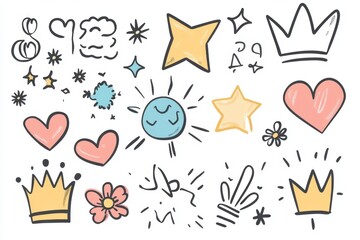 Hand-drawn cute doodles; stars, hearts, crowns; white background; design element