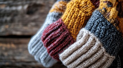 Close up of colorful knitted woolen mittens on wooden background with empty space for seasonal text or promotion related to winter wear