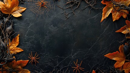 Close up of spiderweb surrounded by autumn leaves and spiders on a dark background with space for text or design elements