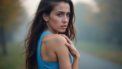 Naklejka premium A striking young woman with long, flowing hair looks over her shoulder, exuding confidence and determination. The soft, misty background enhances the mood, creating an atmosphere of introspection and