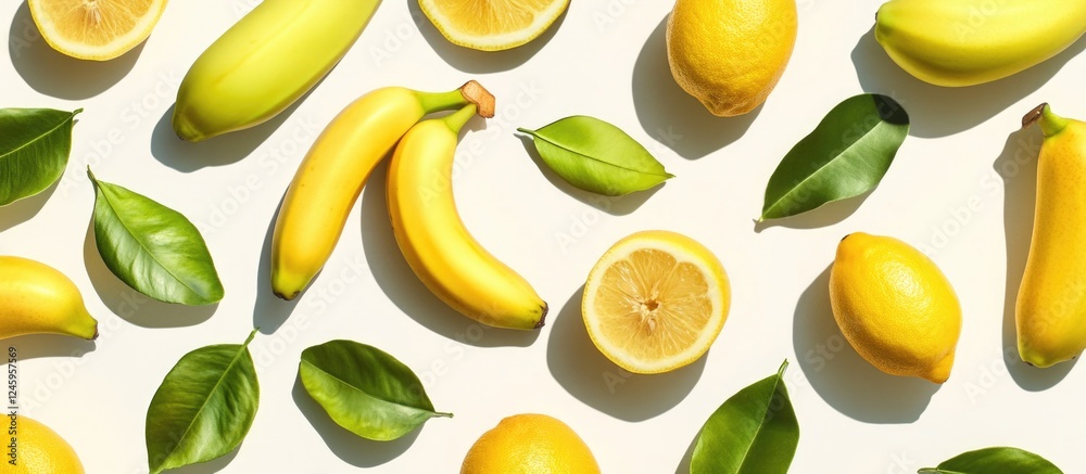 Poster vibrant arrangement of bananas lemons and leaves on a white background creating a fresh and colorful