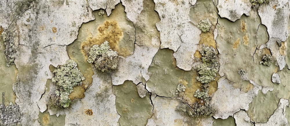 Poster textured concrete wall with cracks revealing lichen growth highlighting decay and weathering in urba