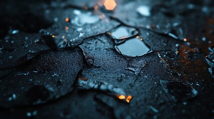 Dark Cracked Surface With Water Puddles And Glowing Embers