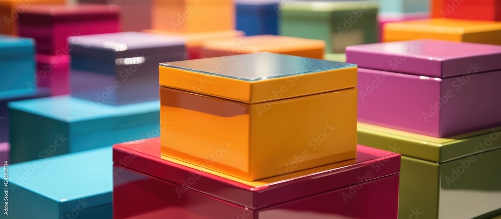 Aufkleber Colorful Lacquered Gift Boxes Arranged in a Display with Blurred Background and Space for Custom Text