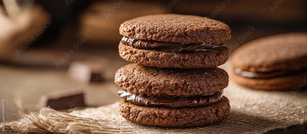 Poster crunchy round chocolate cream sandwich cookies stacked on burlap with rustic background showcasing h