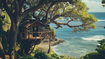 Secluded treehouse retreat perched on cliff overlooking ocean and clear sky