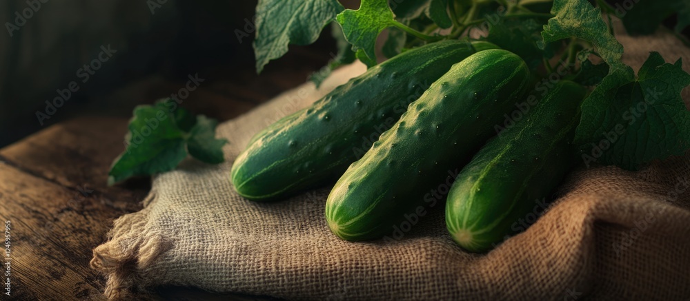 Poster Fresh cucumbers resting on burlap fabric atop a rustic wooden table surrounded by green foliage and natural lighting.