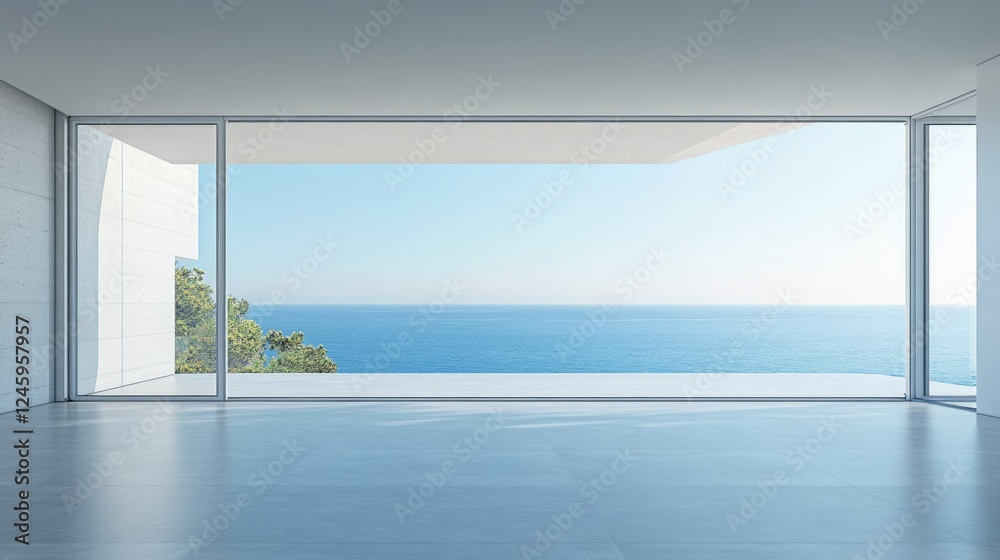 Poster modern conference room featuring expansive ocean views and ample space for text placement on a brigh