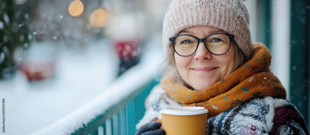Poster cozy middle aged woman enjoying coffee on balcony in winter snow scene with warm soft sunlight and e
