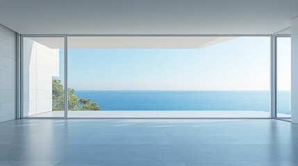 Modern conference room featuring expansive ocean views and ample space for text placement on a bright, sunny day.