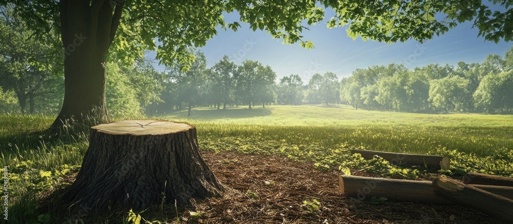 Poster tree stump in a sunlit meadow with lush greenery and a serene atmosphere, reflecting nature's transf