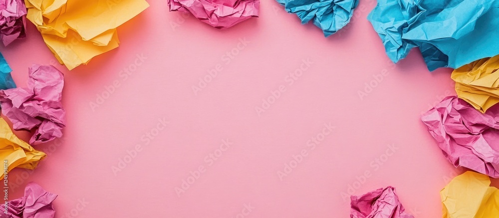 Poster crumpled colorful paper surrounding pink background with blank space for creative text or designs