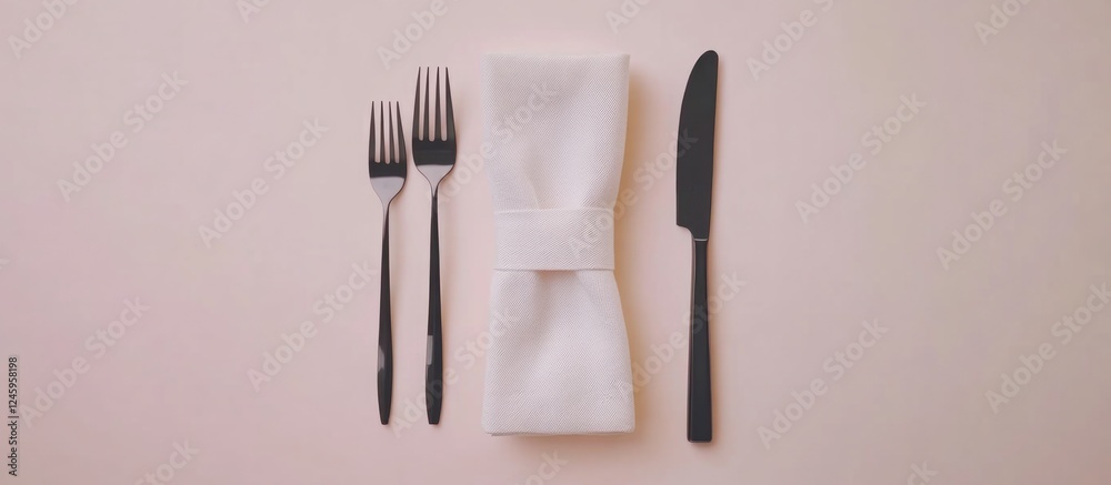 Poster elegant table setting featuring black cutlery and a folded napkin on a minimalist background ideal f