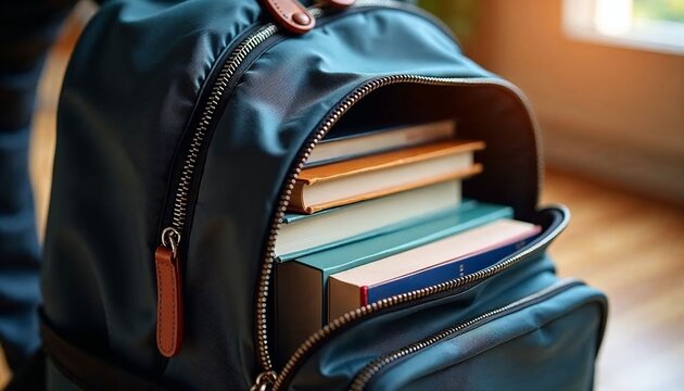 Backpack filled with colorful books, showcasing a student’s essentials for learning and education