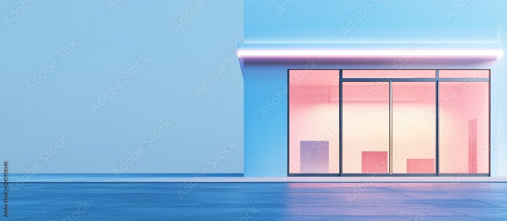 Poster Modern Minimalist Cybersecurity Retail Space with Soft Neon Lighting and Ample Copy Space for Branding and Marketing Applications