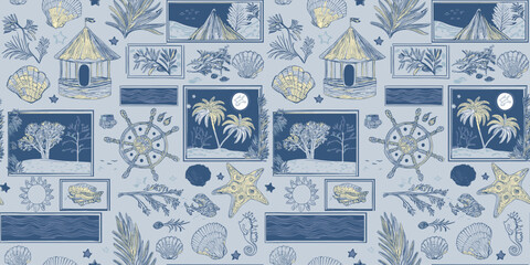 Repeating pattern featuring beach huts, palm trees, seashells, and nautical wheels in a blue, white, and beige color scheme.