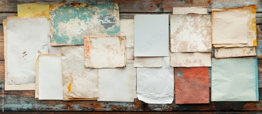 Poster various textured grunge note papers arranged on rustic wooden background for creative design and cra