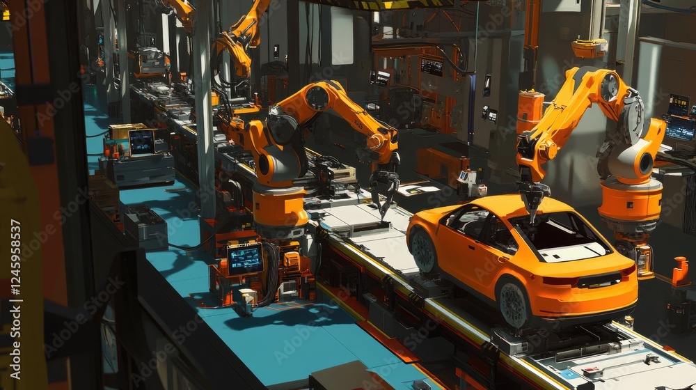 Poster workers and robotic arms working together on a car assembly line in a state-of-the-art manufacturing