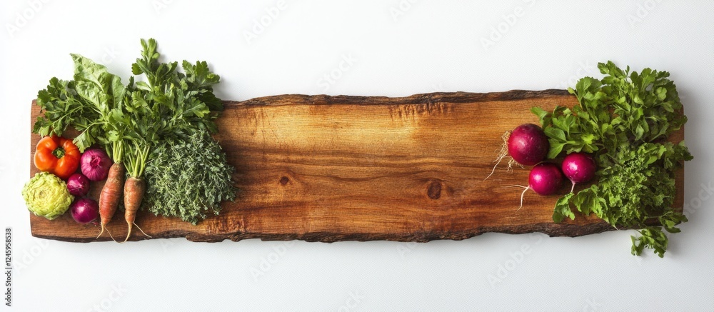 Aufkleber rustic wooden cutting board adorned with fresh vegetables on a white plank background for culinary a