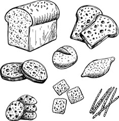 Bakery product sketch, bread and cakes set. Vector hand drawn doodle bread icons isolated on white background. Sketch clipart with confectionery, sliced loaf of baguette, brioche, cracker, chocolate