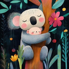 A round-faced koala hugging a branch of an oversized eucalyptus tree. Cute design, playful forest setting.
