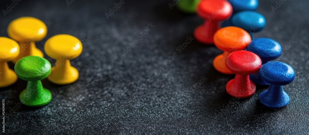 Aufkleber Vibrant Collection of Colorful Thumbtacks on Dark Surface Ideal for Creative Background or Display with Text Space