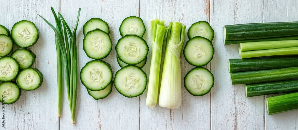 Poster fresh cucumbers and leeks pattern background in bright summer colors perfect for food-related design
