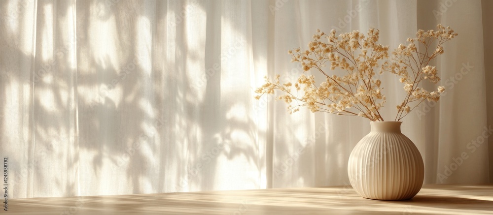 Poster soft light filtering through light brown striped curtains casting floral shadows on a serene tableto