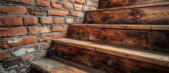 Wooden staircase details against a rustic brick wall showcasing texture and charm in architectural design