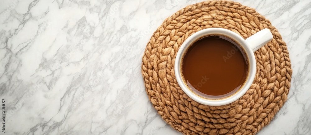 Poster top view of a coffee cup on a round wooden coaster with a jute serving stand on a marble table backg