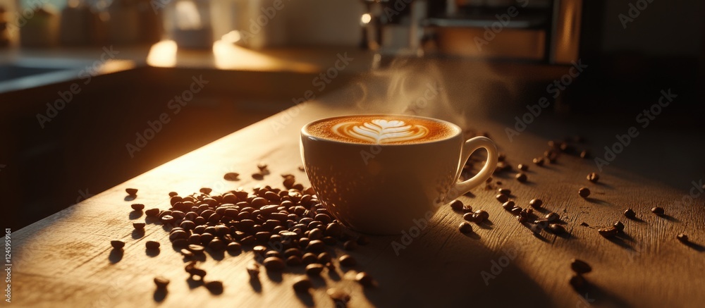 Poster coffee cup with latte art surrounded by coffee beans in a warm, inviting kitchen setting with soft l