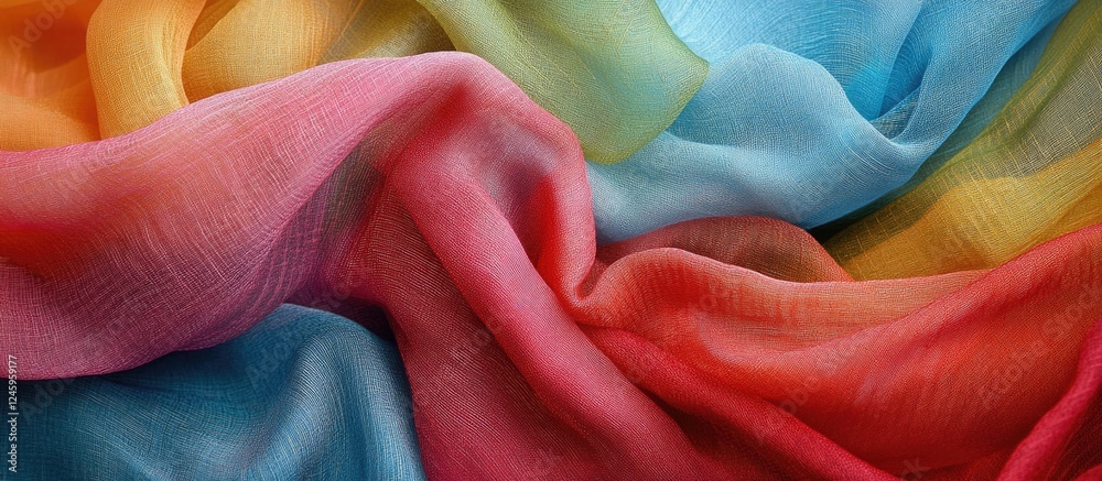 Poster Vibrant color fabric texture display showcasing soft folds and flowing layers ideal for background design and creative projects