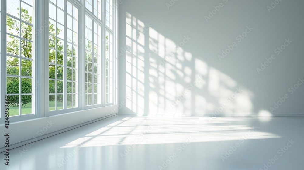 Poster sunlight floods into a minimalist room through expansive windows, casting intricate shadows on the s