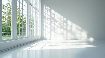 Fototapeta premium Sunlight floods into a minimalist room through expansive windows, casting intricate shadows on the smooth, white floors. The tranquil setting invites creativity and calm