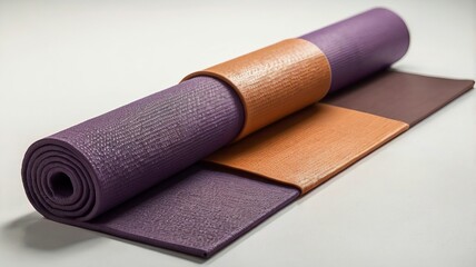 Rolled Purple and Orange Textured Yoga Mats on White Background