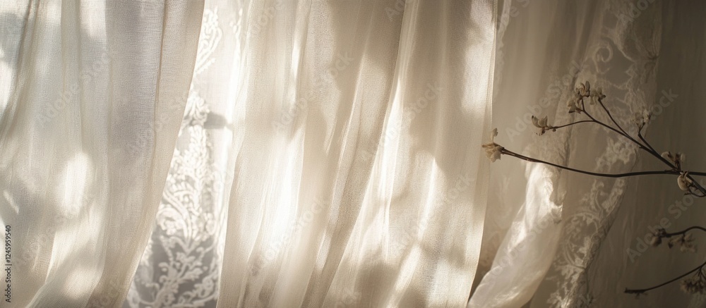 Poster soft sunlight streaming through sheer curtains highlighting delicate embroidery in a tranquil indoor